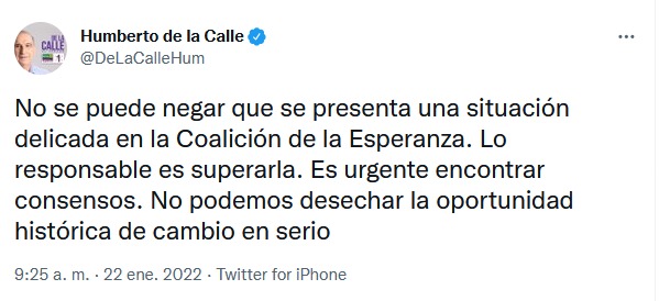 Mensaje de Humberto de la Calle en Twitter.