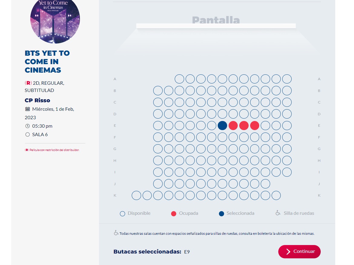 Paso 3- Elige el asiento que deseas. Los círculos rojos son los que ya están ocupados. Nuestro asiento reservado está en azul. Cineplanet
