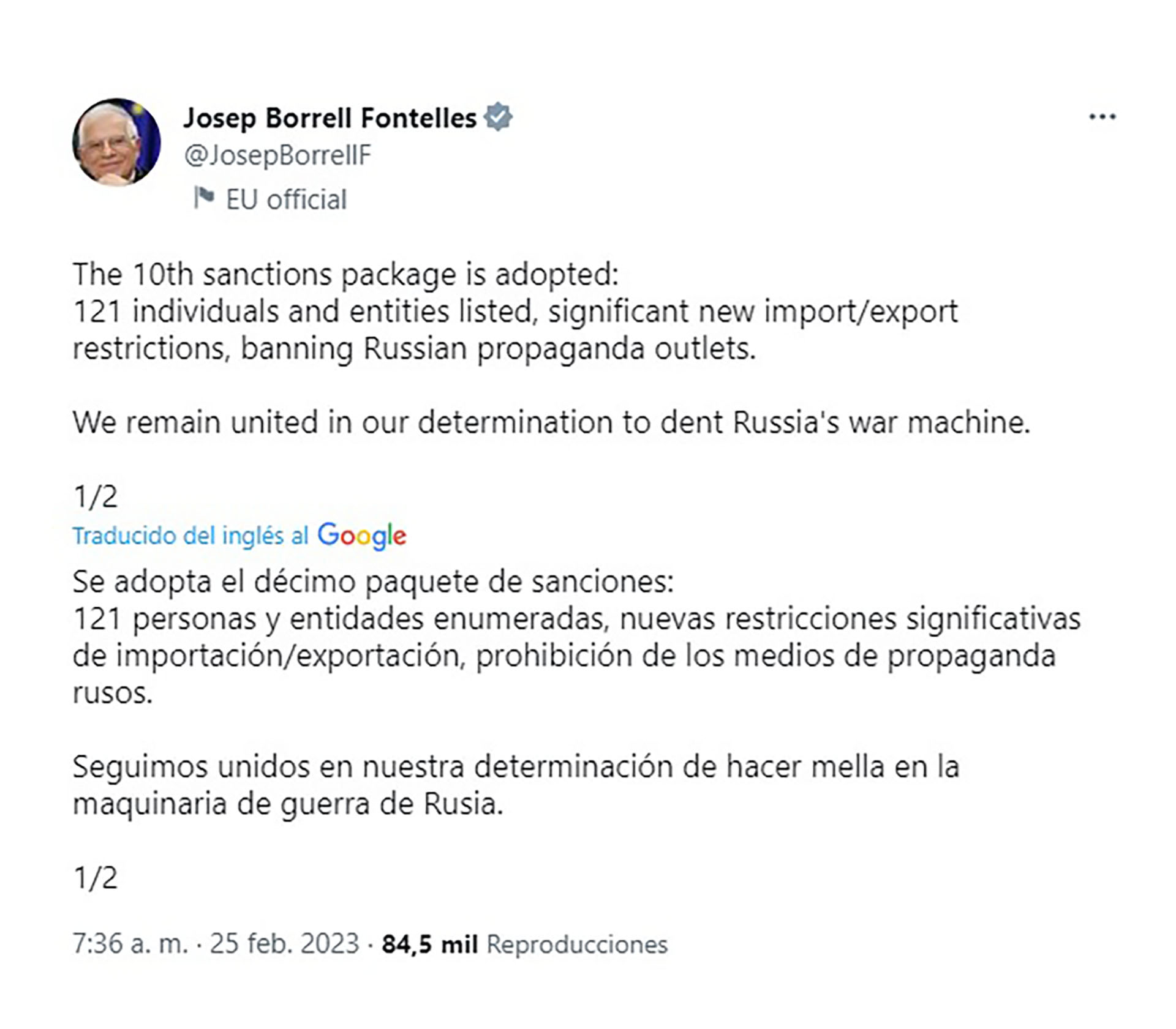 El mensaje de Josep Borrell