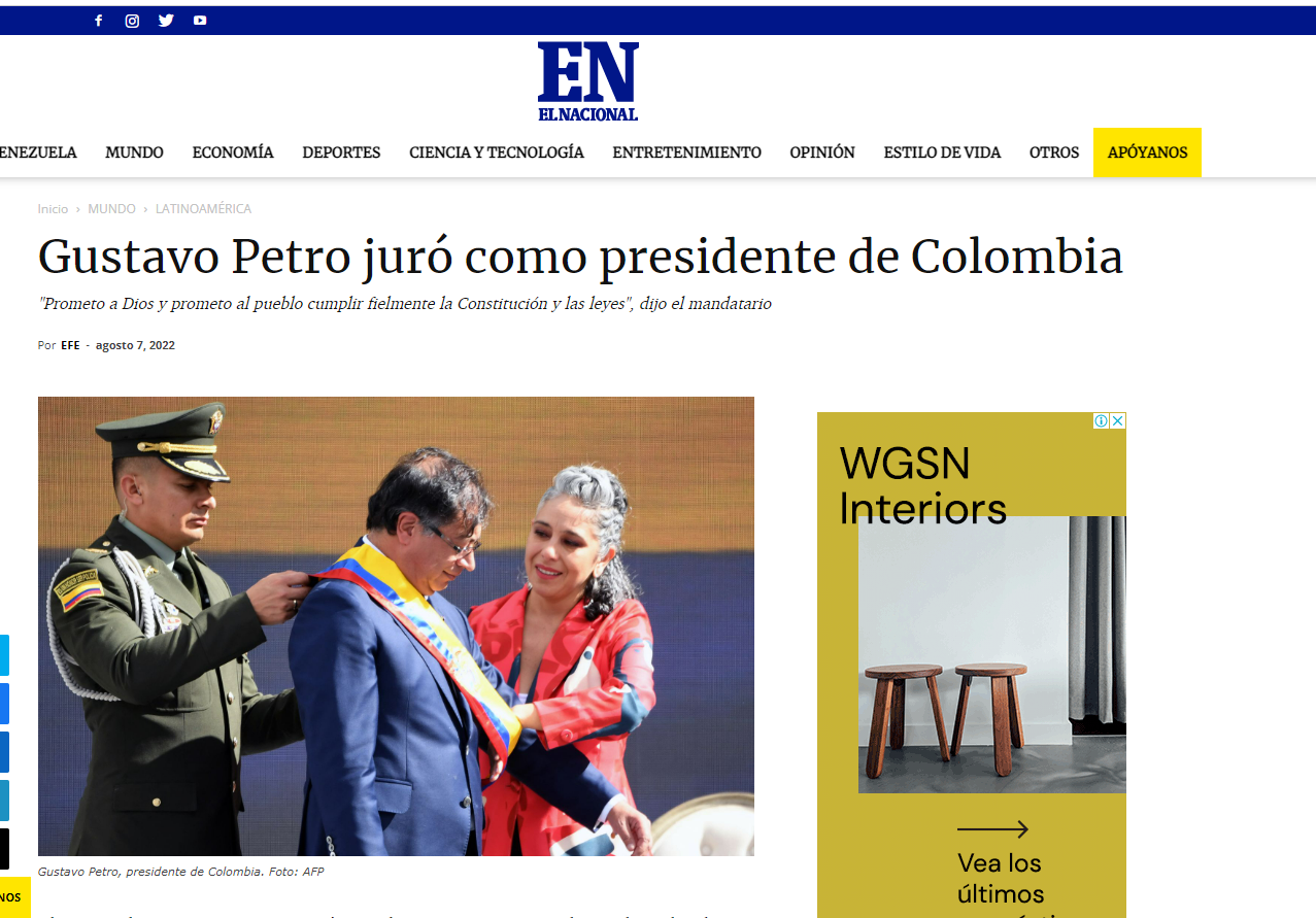 La prensa de Venezuela se refirió sobre la posesión presidencial de Gustavo Petro
Foto: Vía elnacional.com