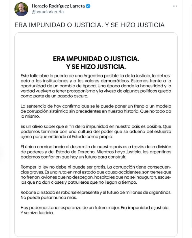 Horacio Rodríguez Larreta publicó un comunicado en redes sociales sobre el fallo que condenó a Cristina Kirchner