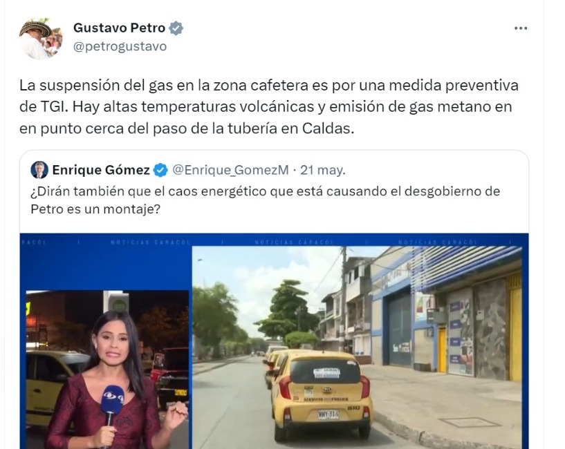 This was the message that the President of the Republic, Gustavo Petro, posted on his Twitter account in the face of the gas crisis that is taking place in the western part of the country.  Photo @petrogustavo/Twitter