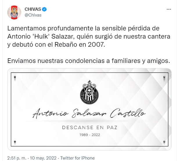Chivas lamentó la muerte de su canterano (Foto: Twitter/@Chivas)