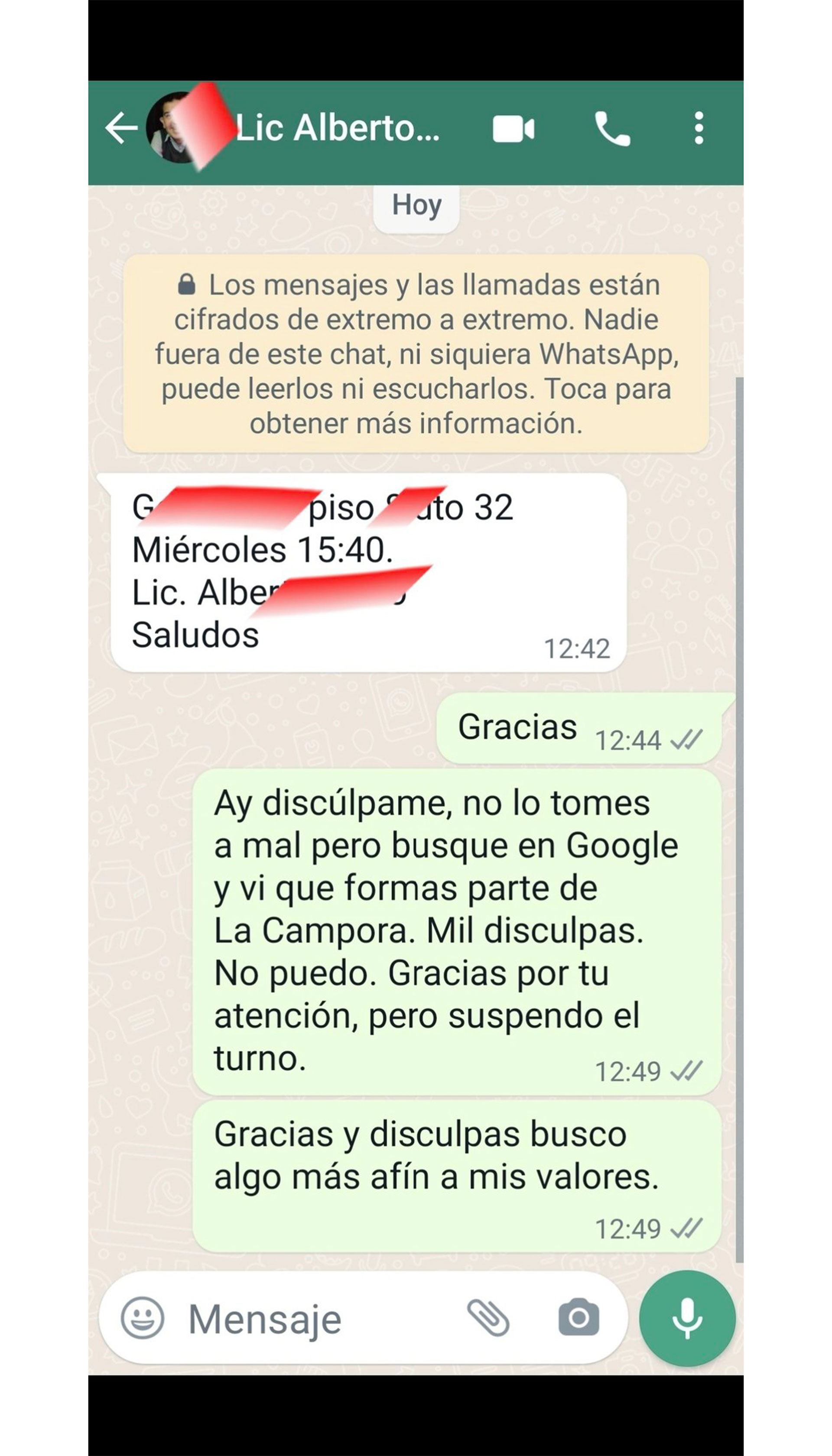 Conversación de Whatsapp que Lucía mantuvo con un psicólogo infantil