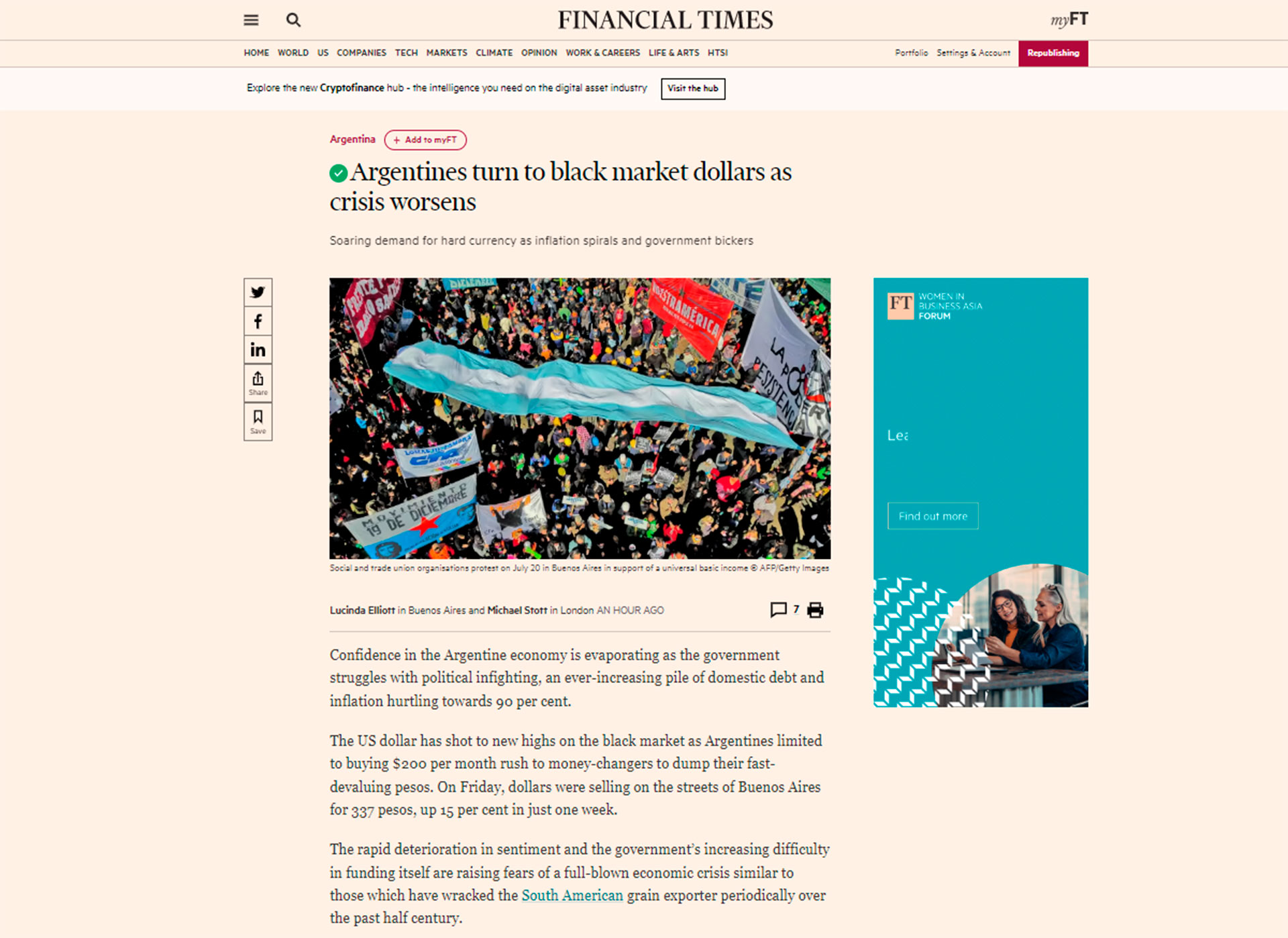 "Argentinos se vuelcan a dólares del mercado negro mientras la crisis empeora", la nota del Financial Times.