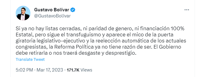 Estos son los pecados de la "reforma politiquera" como la llamó Bolívar. Twitter.