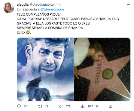 Tuiteros reaccionaron con memes de Shakira a la autofelicitación de Gerard Piqué en redes sociales. @claudiagabirto/Twitter