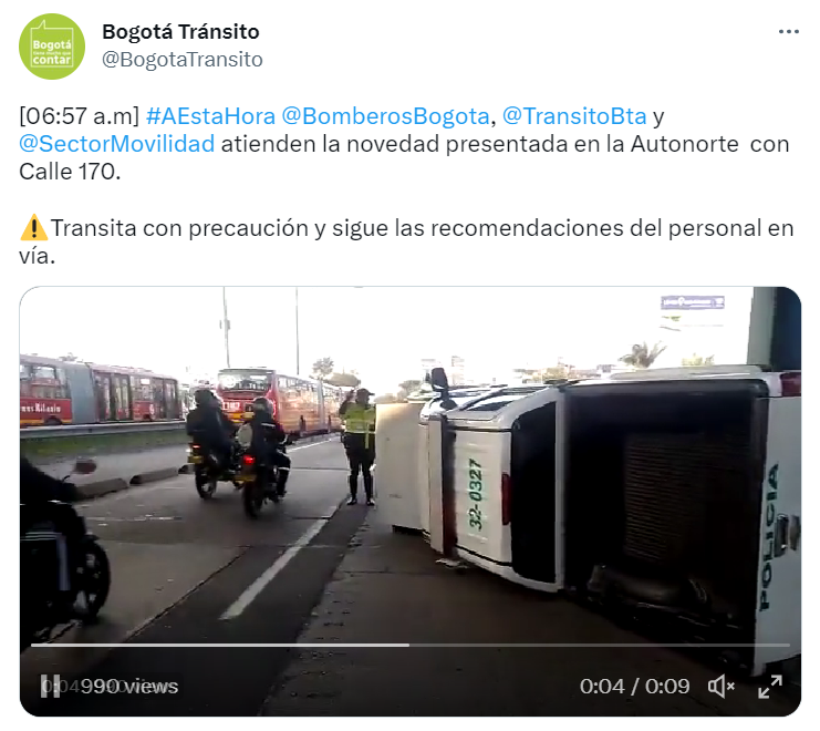 Autoridades de Movilidad atendieron siniestro vial en Bogotá. @BogotaTransito. Twitter