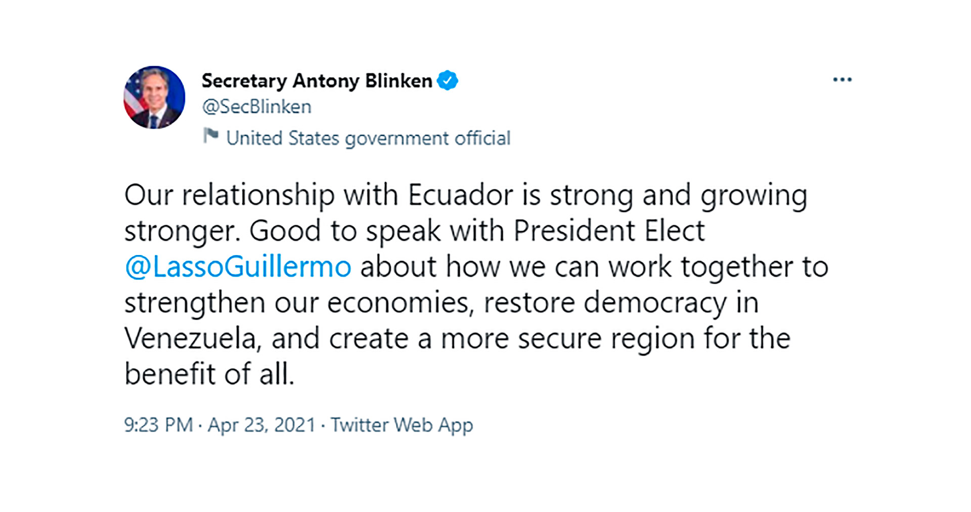 Ecuador Estrecha Lazos Con Estados Unidos Antony Blinken Conversó Con El Presidente Electo 1718