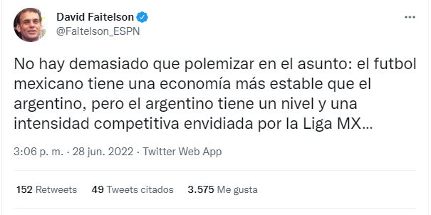David Faitelson habló sobre el nivel de la Liga MX comparado con la Liga Argentina (Foto: Twitter/@Faitelson_ESPN)