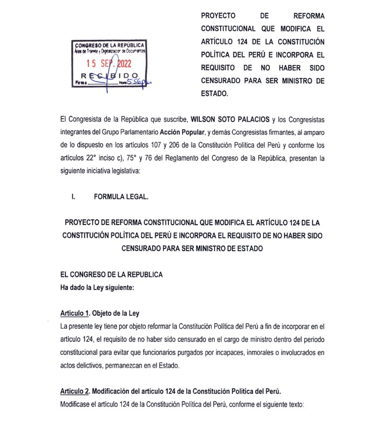 Acción Popular presenta proyecto de ley contra ministros censurados.