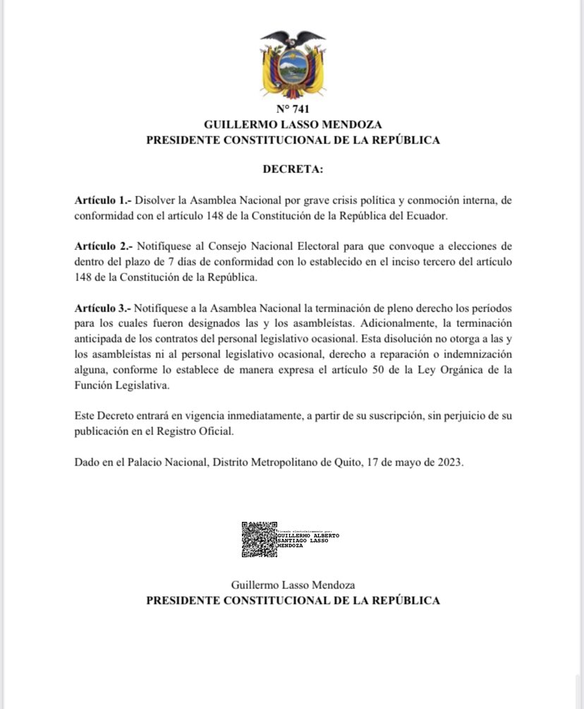 Decreto 741 firmado por Guillermo Lasso para disolver el congreso y disponer el adelanto de las elecciones.
