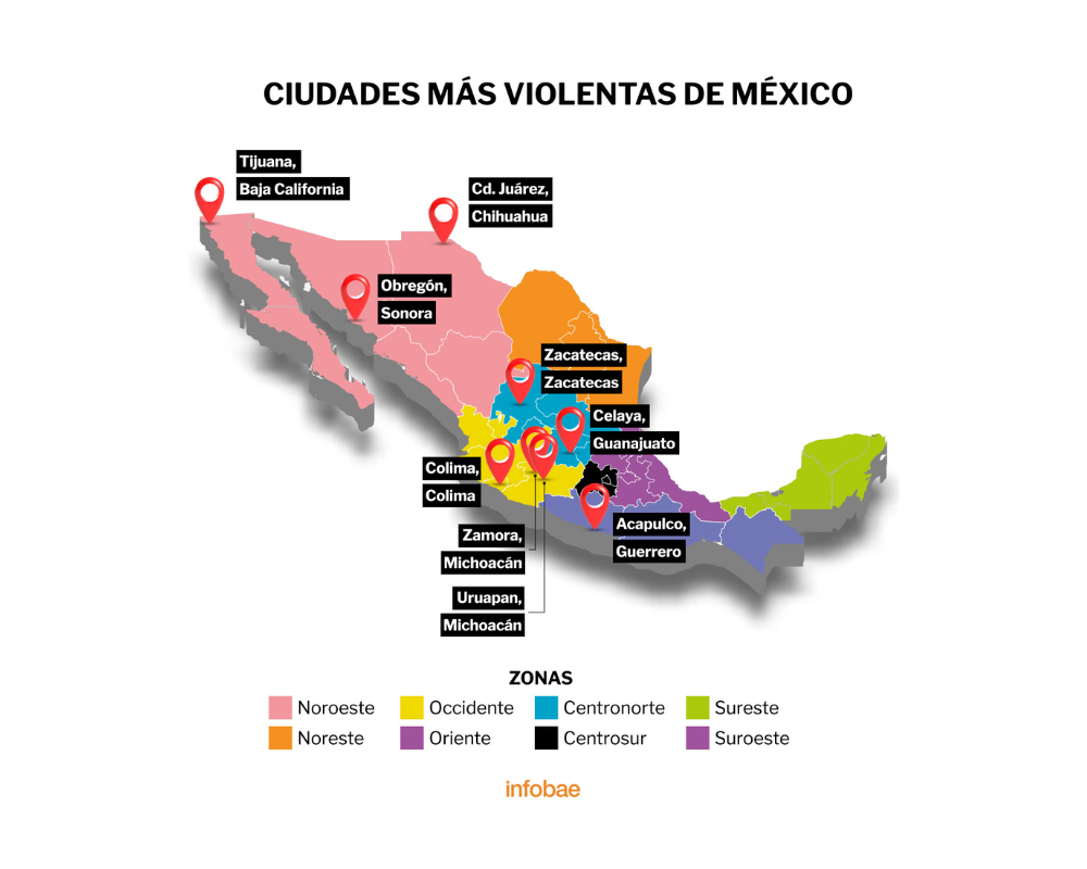 En la región del noroeste se ubicaron las ciudades más violentas de México y del mundo en 2022 (Mapa: Infobae México / Jovani Perez)