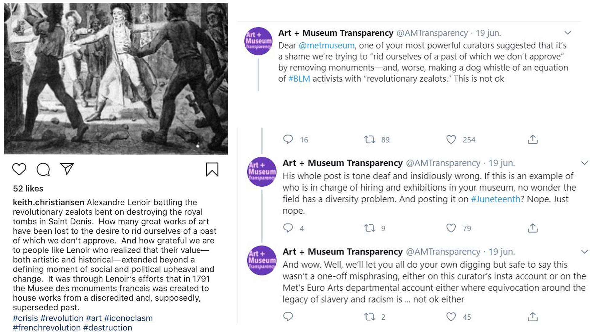 El posteo de Keith Christiansen, la respuesta de Art + Museum Transparency