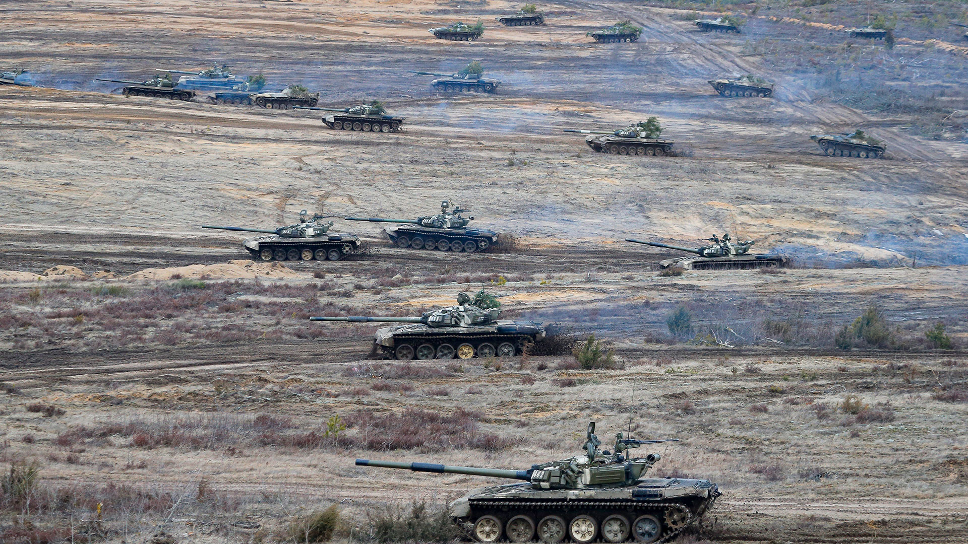 Tanks move during the Russia-Belarus Union Courage-2022 military exercise at the Obuz-Lesnovsky training ground in Belarus (AP Photo, File)