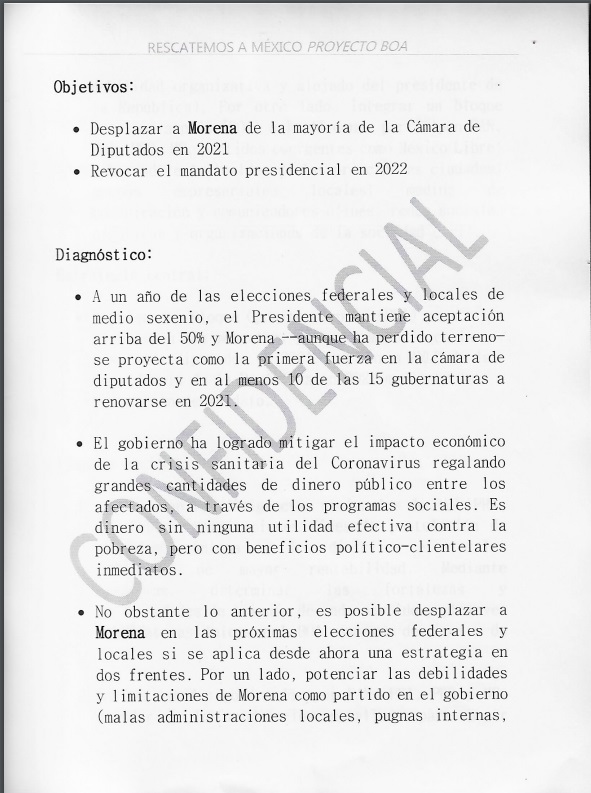 Parte del documento conspiracionista dado a conocer por el gobierno de AMLO (Foto: Cortesía Presidencia)