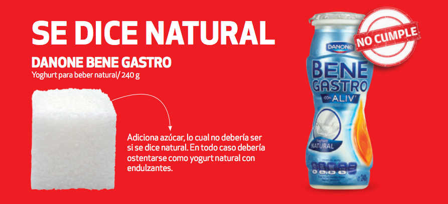 Danone Bene gastro (240 g) no cumple con la cualidad de "natural" presumida en su etiqueta, ya que contiene azúcares (Foto: Revista del consumidor octubre 2020)