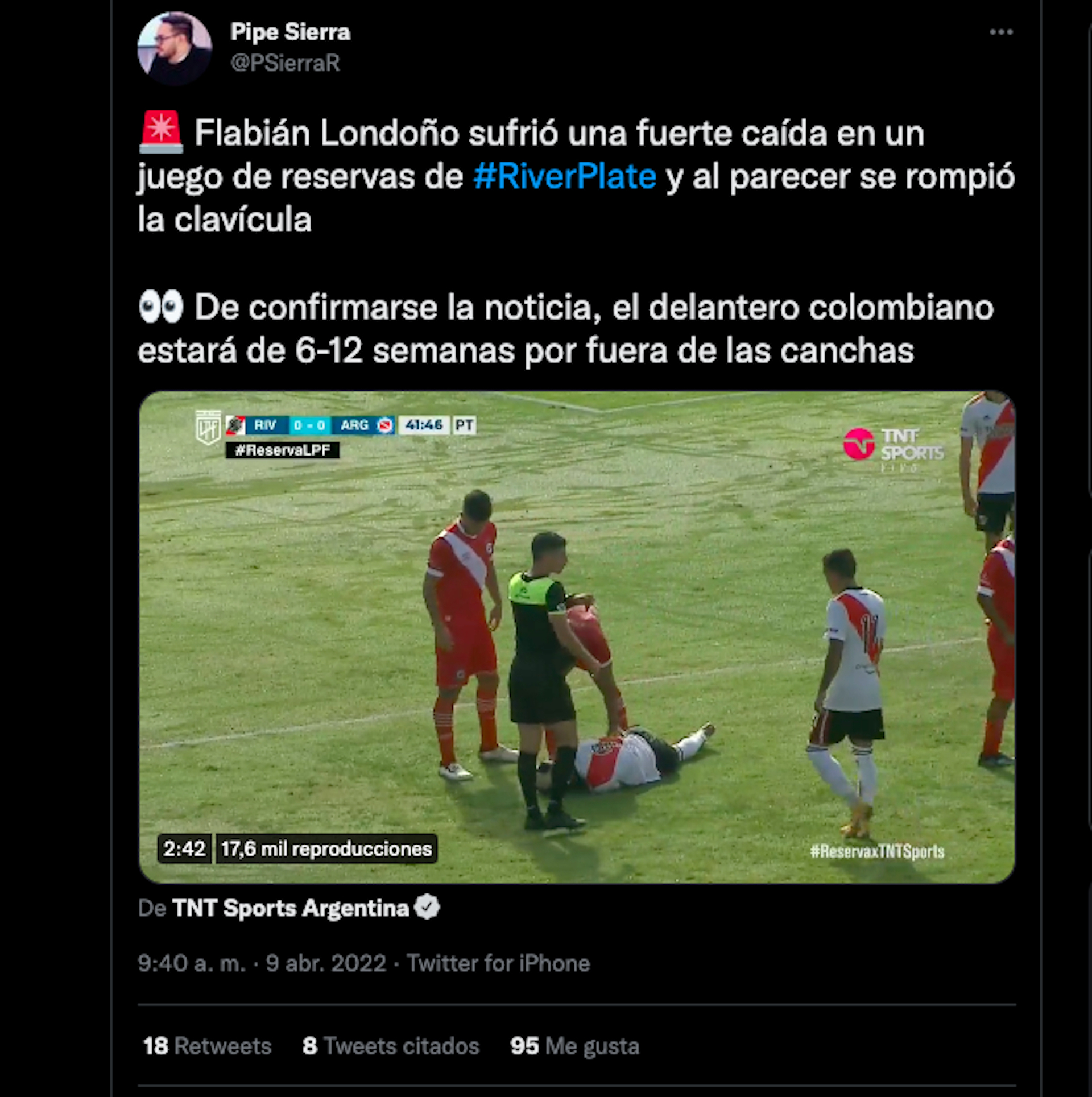Lesión de Flabián Londoño en el partido de reservas de River Plate contra Argentinos Juniors / (Twitter: @PSierraR)