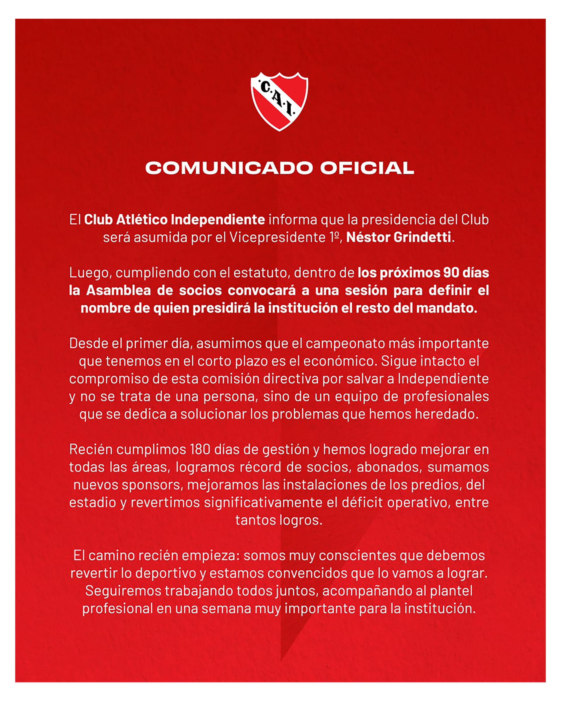 El comunicado con el que Independiente informó que Néstor Grindetti asumirá la presidencia del club tras la renuncia de Fabián Doman