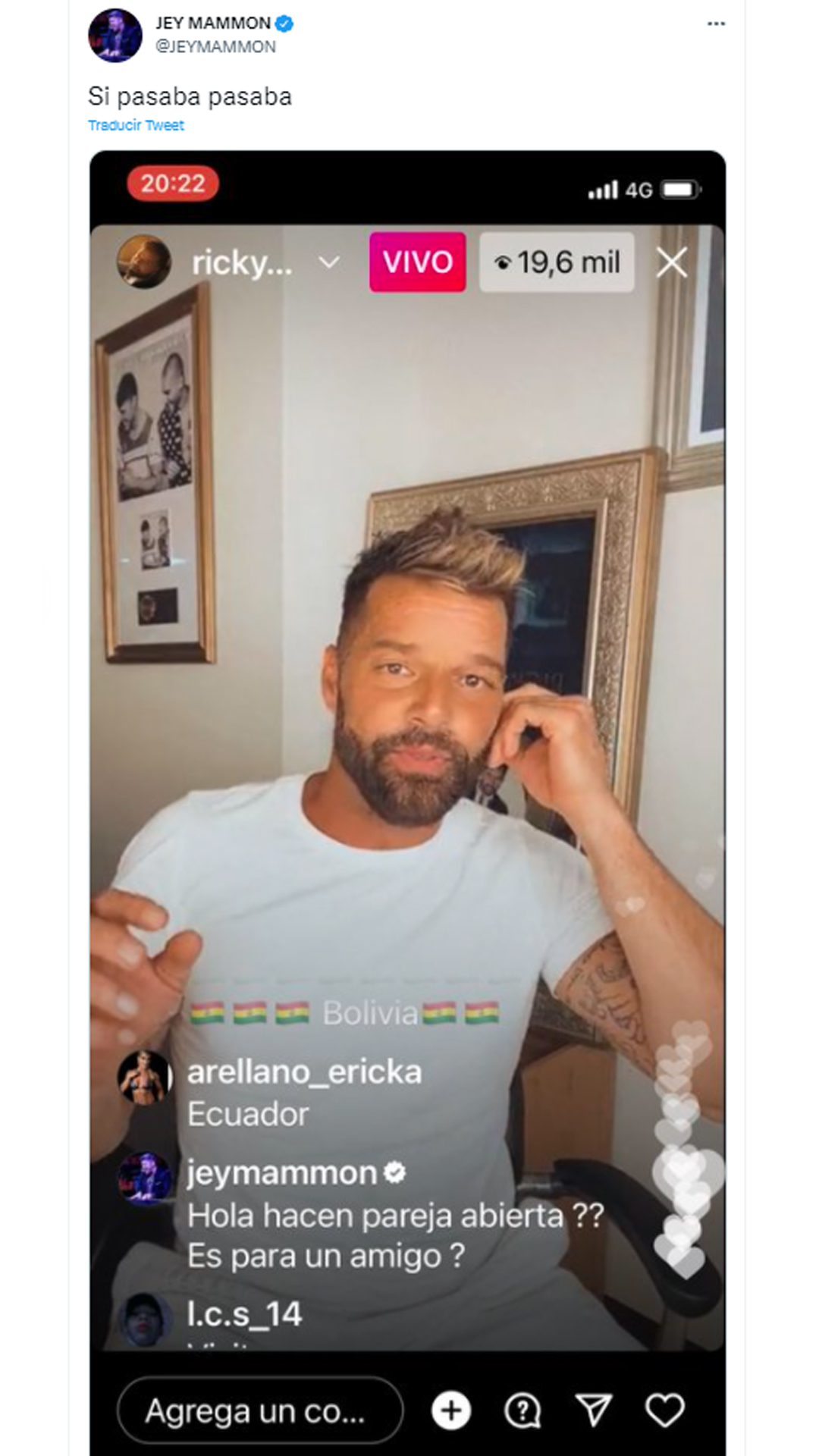 El conductor compartió una captura de su comentario durante el directo de Ricky Martin