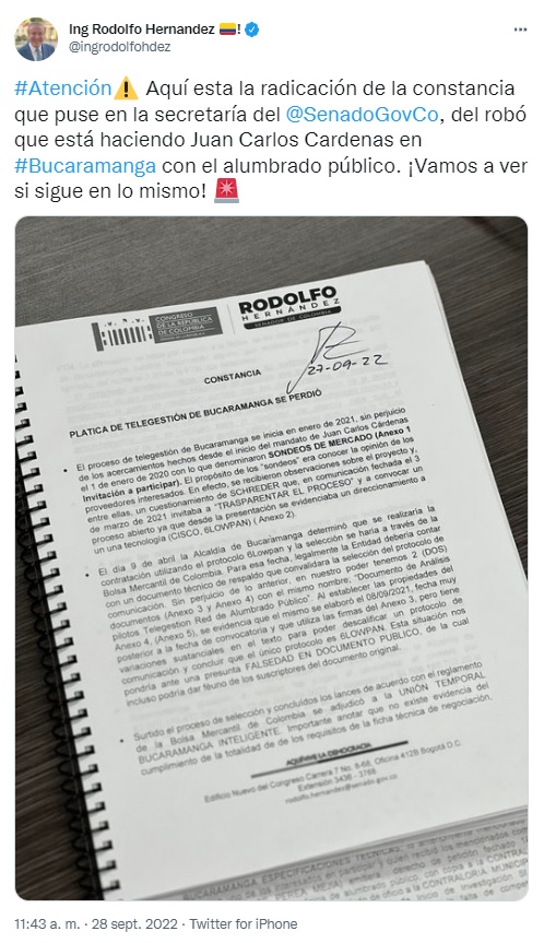 Publicación de Hernández en su Twitter anunciando la radicación de sus acusaciones contra Cárdenas por el manejo del proyecto de Telegestión