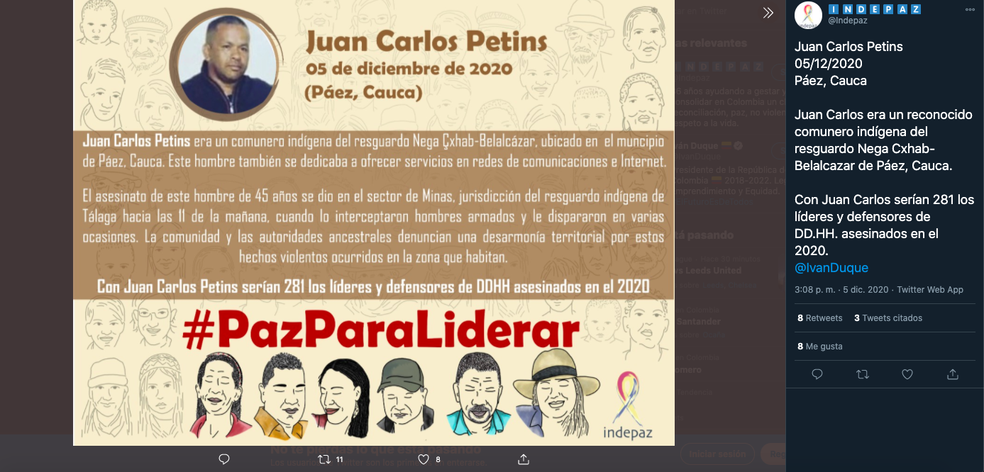 Indepaz reporta la muerte de Juan Carlos Petins, líder social de 45 años de una comunidad indígena establecida en el municipio de Páez, Cauca / (Twitter: @Indepaz).