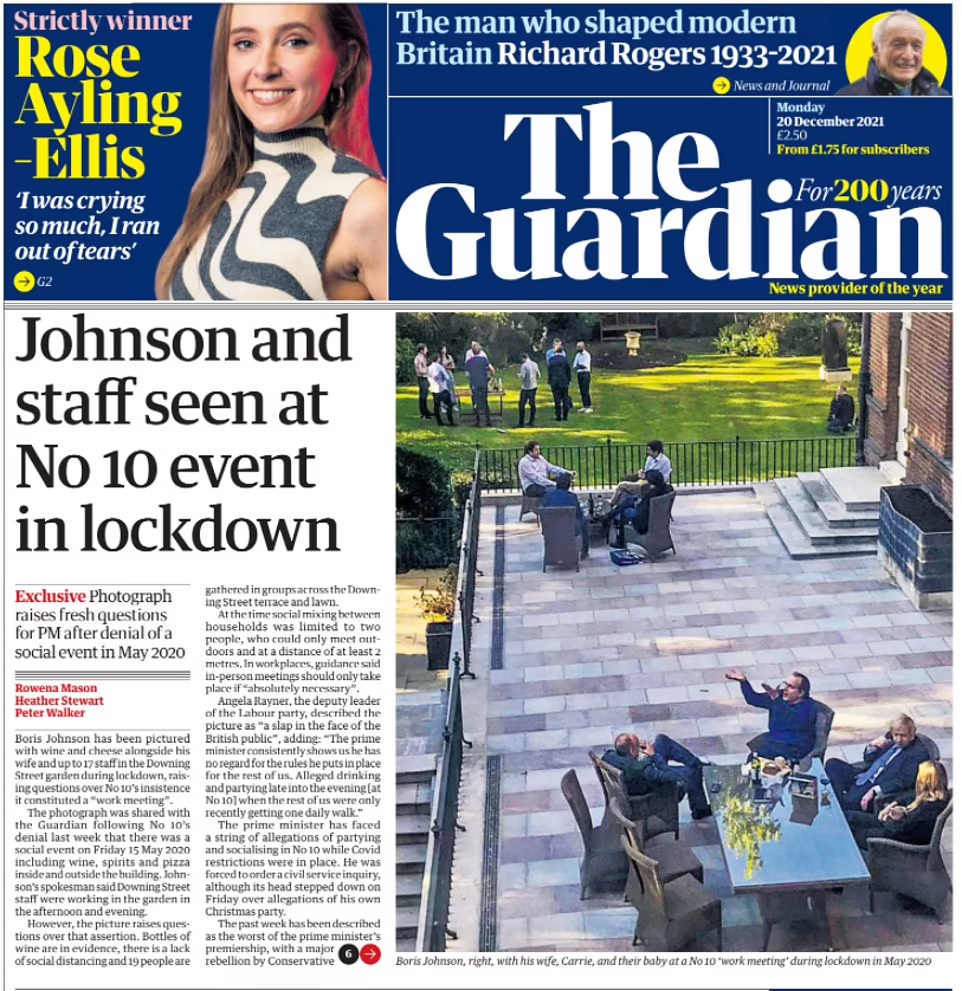 Portada de The Guardian con la foto del primer ministro en una reunión que incumplió los protocolos