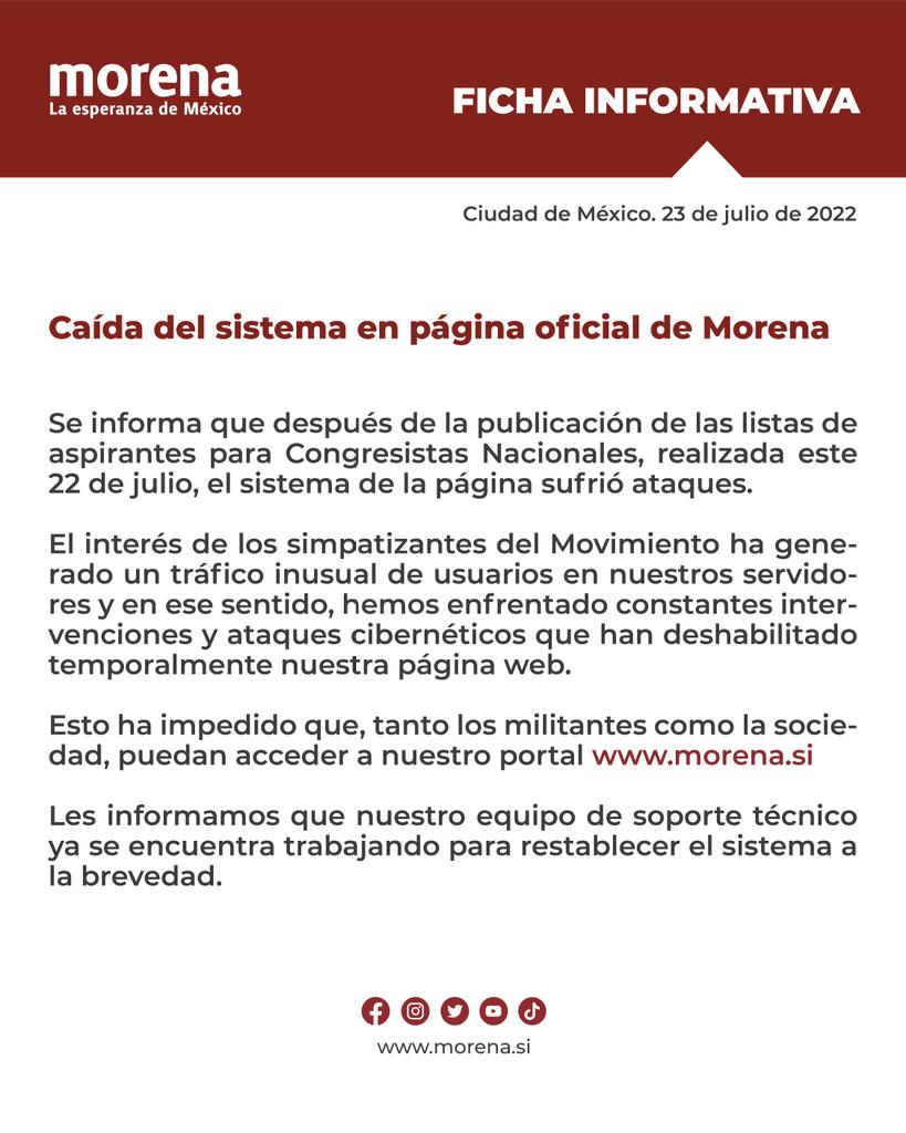El partido guinda indicó que el hackeo de su sitio ha impedido que los ciudadanos puedan acceder al portal (Foto: Twitter/@PartidoMorenaMx)