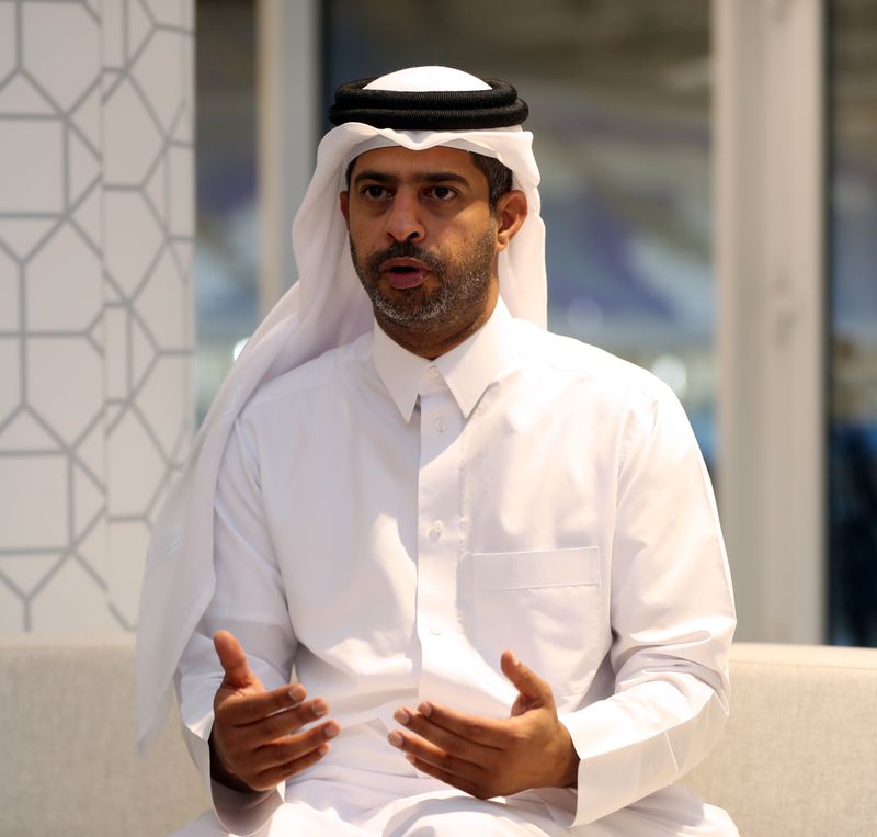 File image of FIFA World Cup Qatar 2022 LLC CEO Nasser Al Khater speaking during an interview with the press in Doha, Qatar. Sept 25, 2019. REUTERS/Ibraheem Al Omari/File.