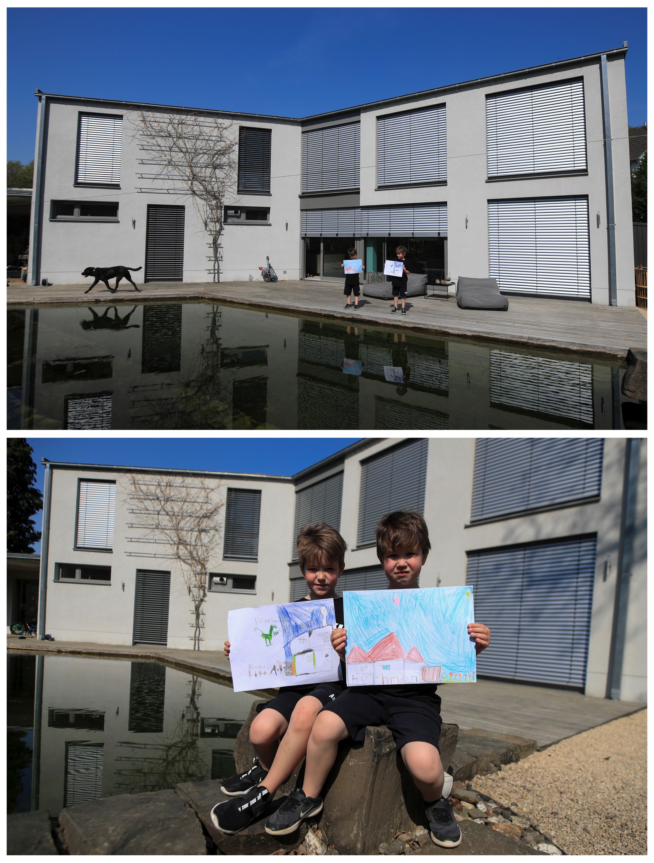 Noa, 7, y Tom, 6, sentados en el frente de su casa en Bad Honnef, Alemania, el 17 de abril de 2020.