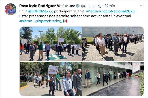 Rosa Icela Rodríguez por primer Simulacro Nacional de 2023. Foto: Tw @rosaicela_