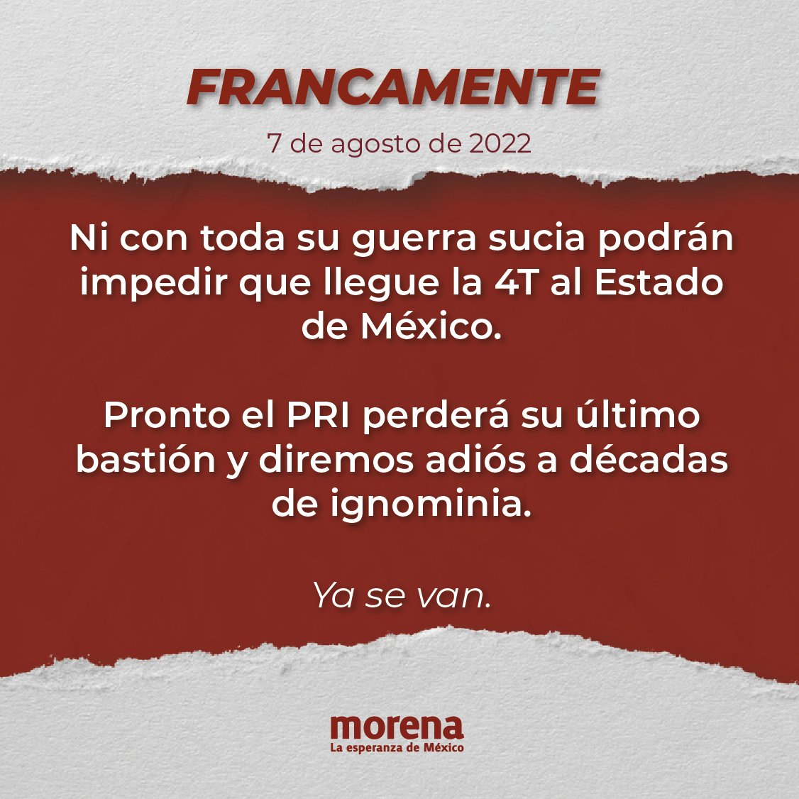 "Ya se van", escribió Morena en el marco de la designación de Delfina Gómez como representante para el 2023. (Foto: Twitter @PartidoMorenaMx)
