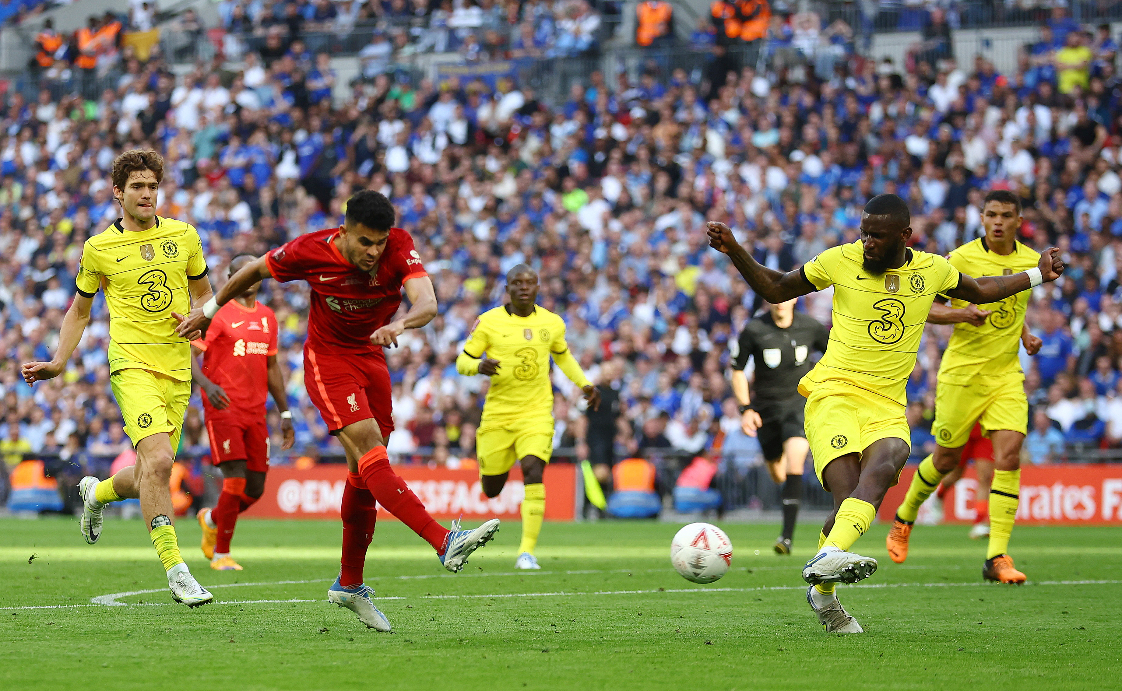Soccer Football - FA Cup - Final - Chelsea v Liverpool - Wembley Stadium, London, Britain - May 14, 2022 Liverpool's Luis Diaz shoots at goal REUTERS/Hannah Mckay