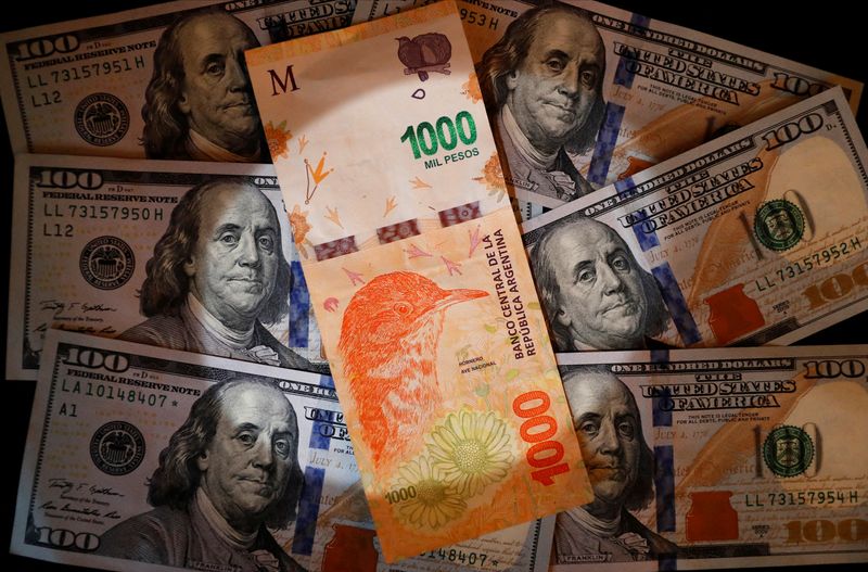 FILE PHOTO-A thousand Argentine pesos bill on top of several US one hundred dollar bills in this illustrative photo taken.  October 17, 2022. REUTERS/Agustin Marcarian/Illustration