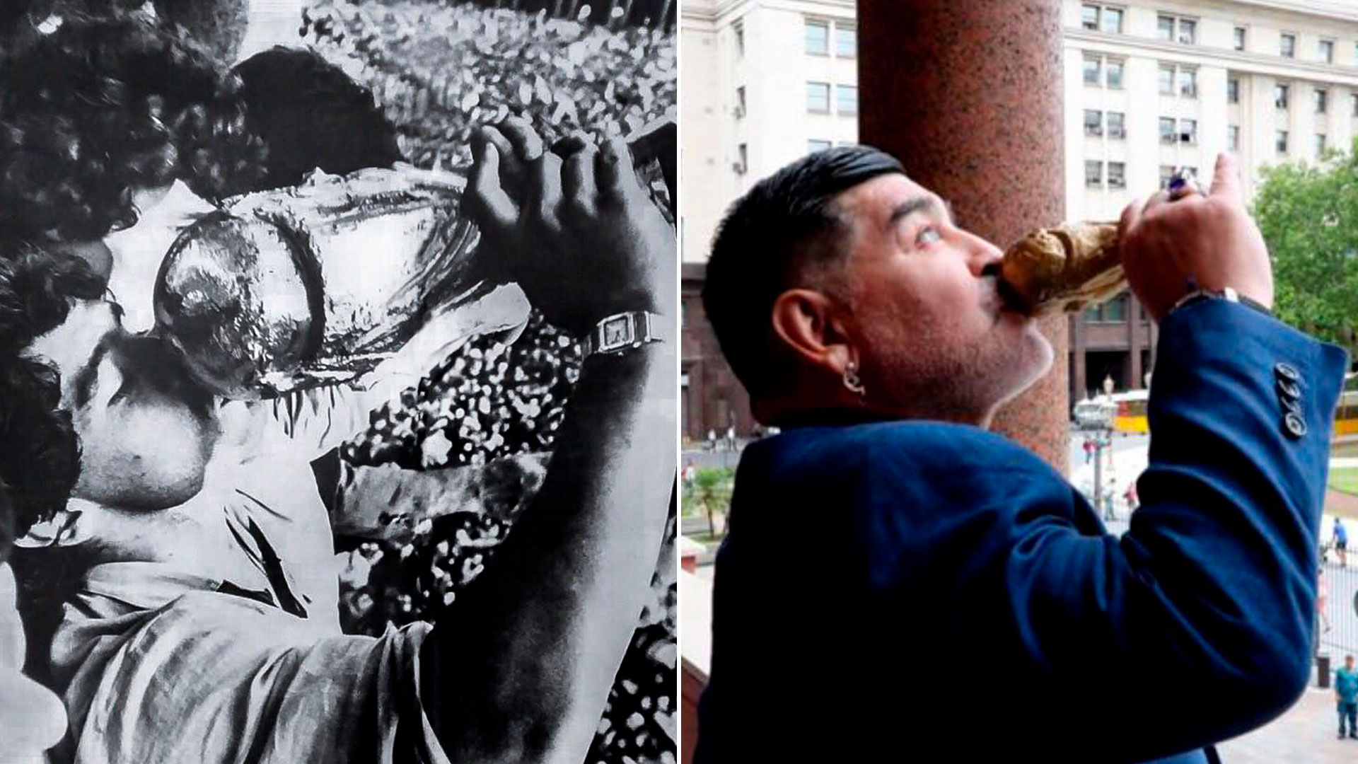 Diego, en el Balcón de la Rosada, en el 86 con la Copa original. Y hace dos años, con la réplica (Víctor Bugge)