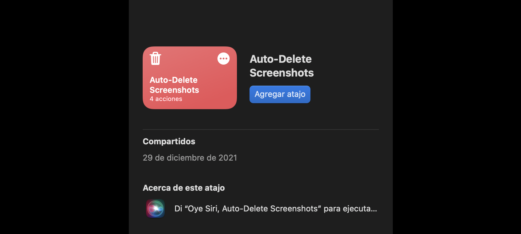 Atajo Auto-Delete Screenshots. (captura: Atajos/Jose Arana)