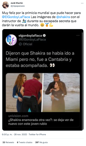 Según Jordi Martin, Shakira estaría saliendo con un joven instructor de surf con quien fue captada en Barcelona. Captura de pantalla Twitter @jmpaparazzo