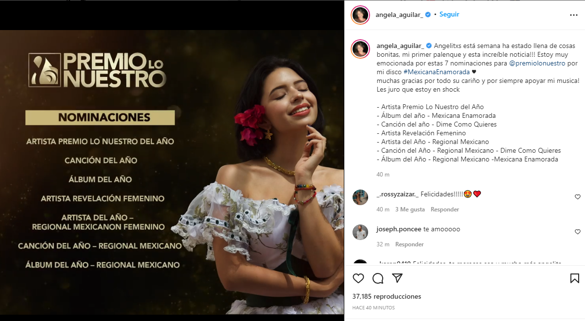 Ángela Aguilar celebra sus 7 nominaciones a los premios Lo Nuestro 2022 Foto: Instagram/@angela_aguilar_
