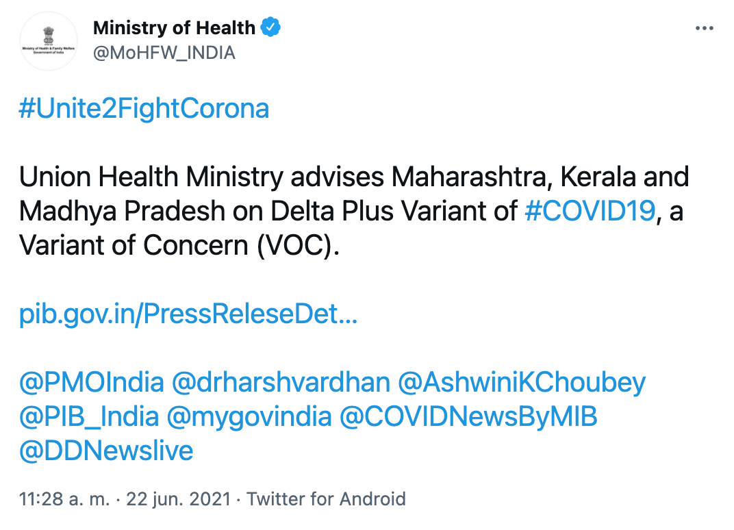 El Ministerio de Salud de India alertó a la comunidad científica internacional de una nueva variante de coronavirus “de preocupación” que fue bautizada “Delta plus”