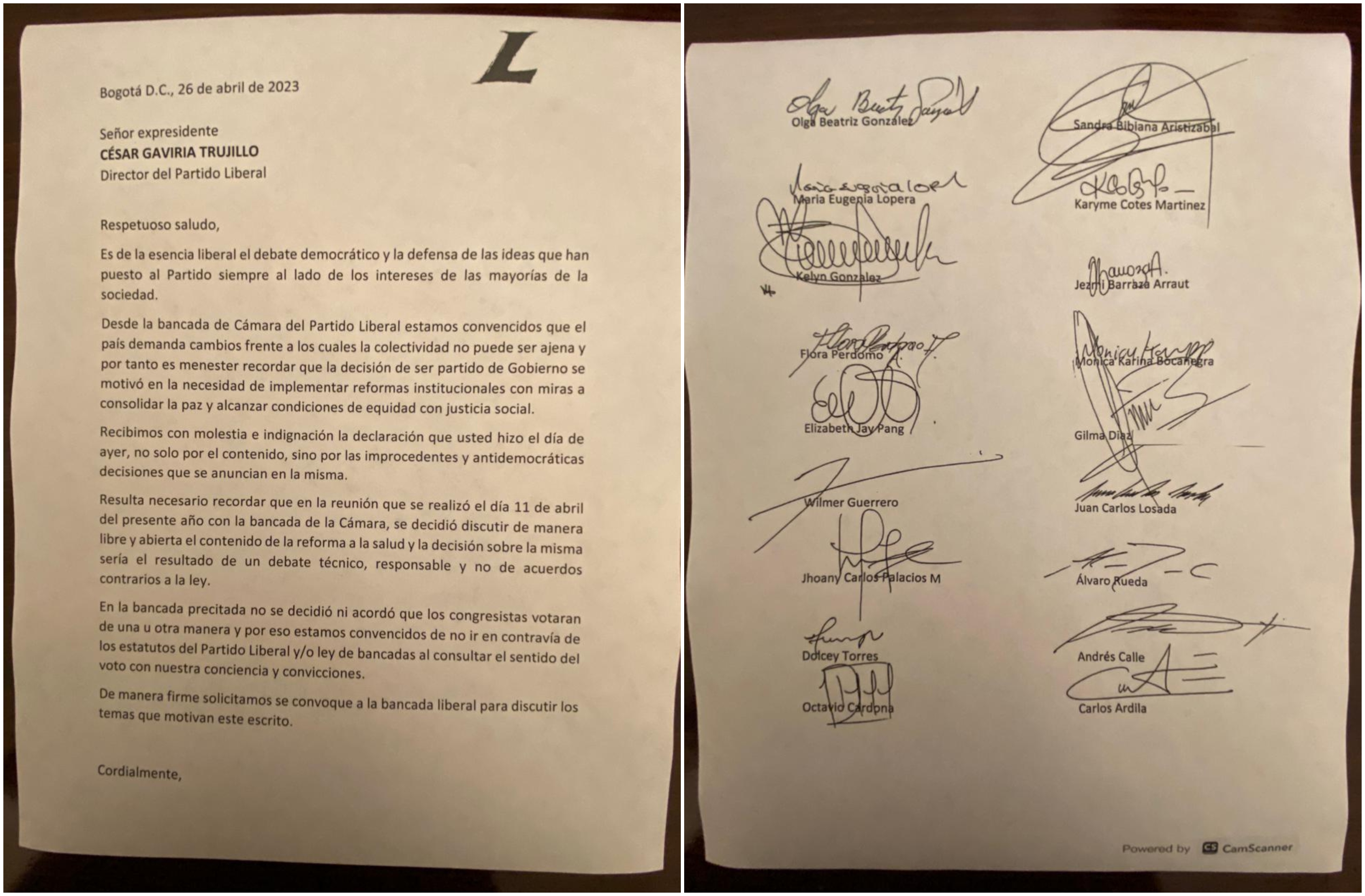 Carta firmada por 18 de los 32 representantes liberales a la Cámara