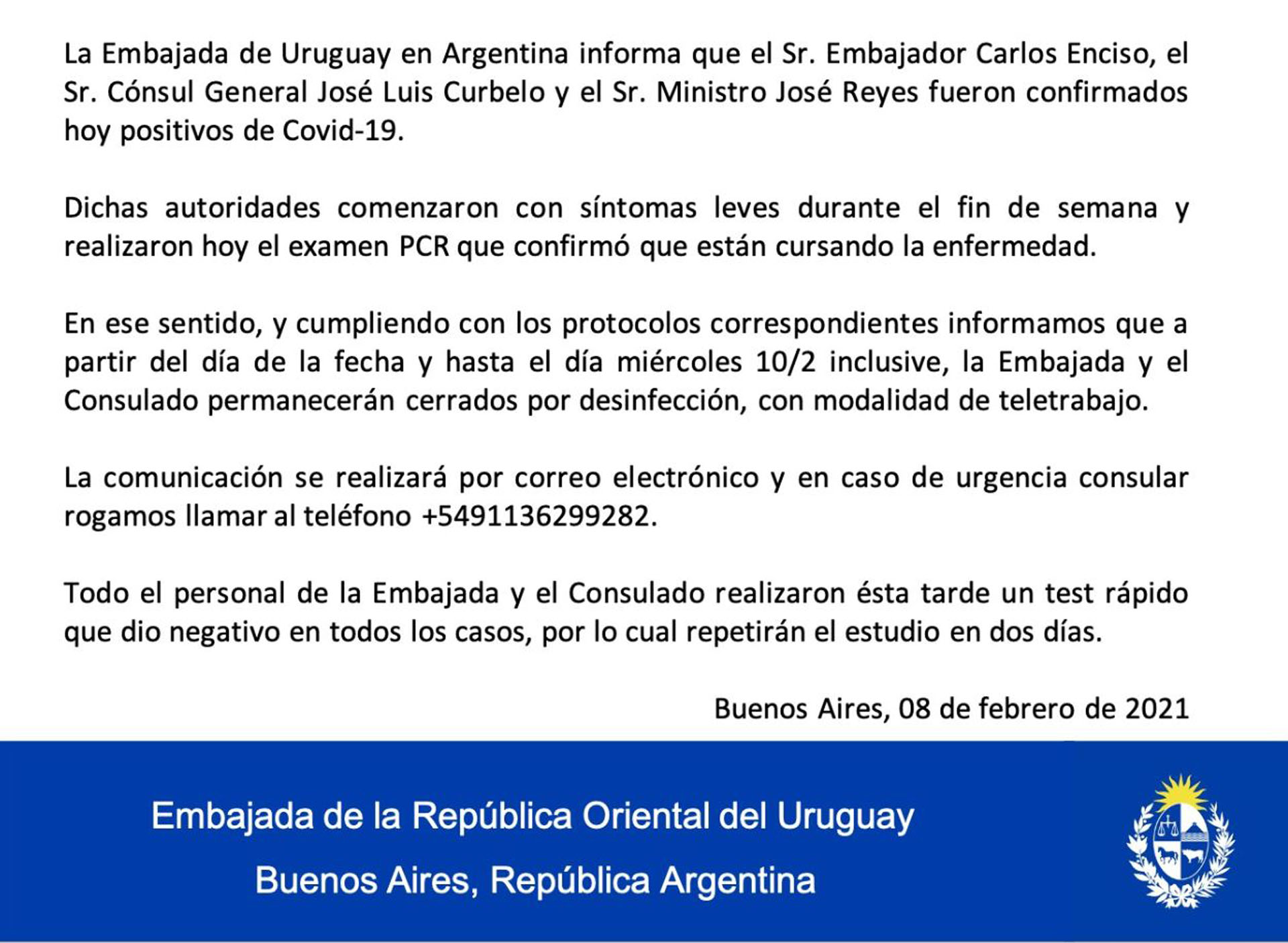 El comunicado de la Embajada de Uruguay en Argentina (Twitter)