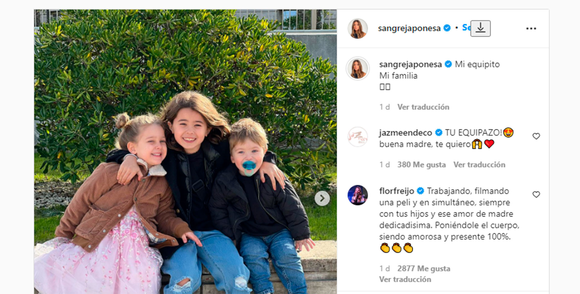 "Mi equipo, mi familia", escribió la actriz junto a una imagen de sus tres hijos, quien la acompañan siempre a todos lados (@sangrejaponesa)