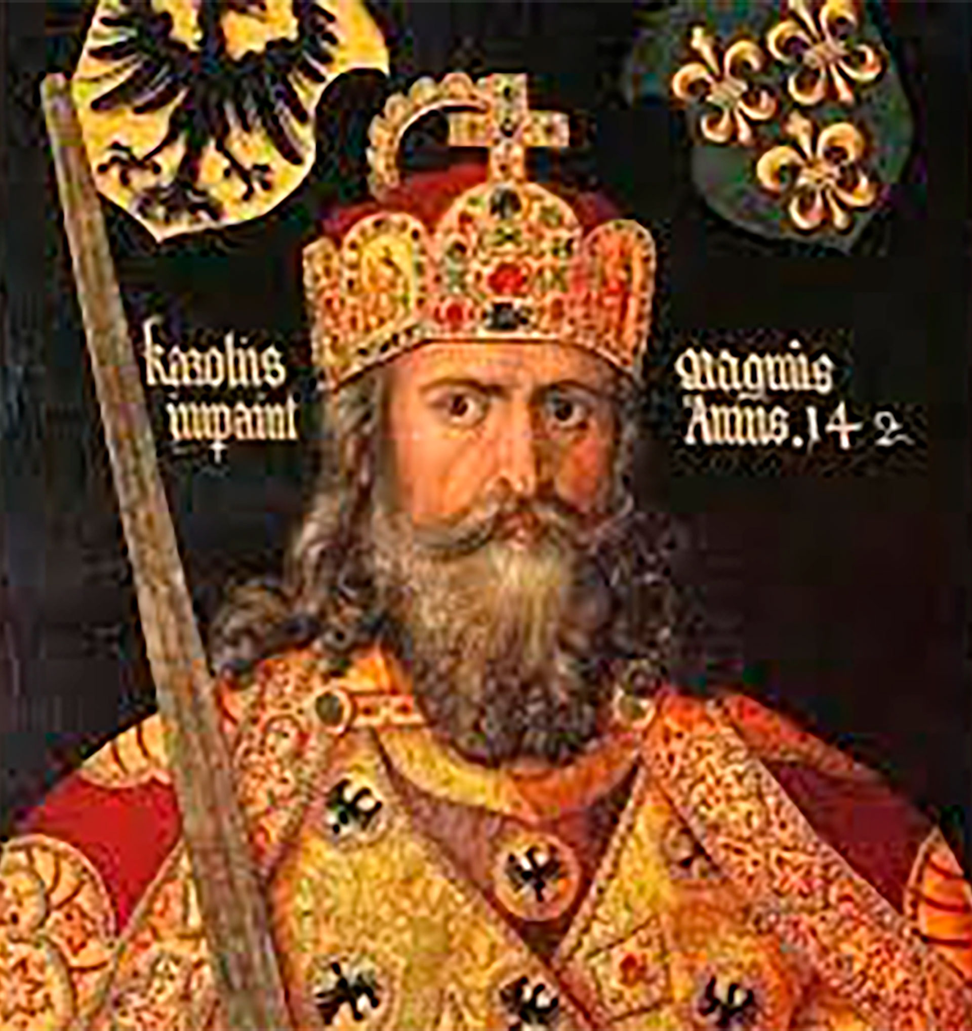 Carlomagno, con rasgos embellecidos, luciendo la corona del Sacro Imperio Romano