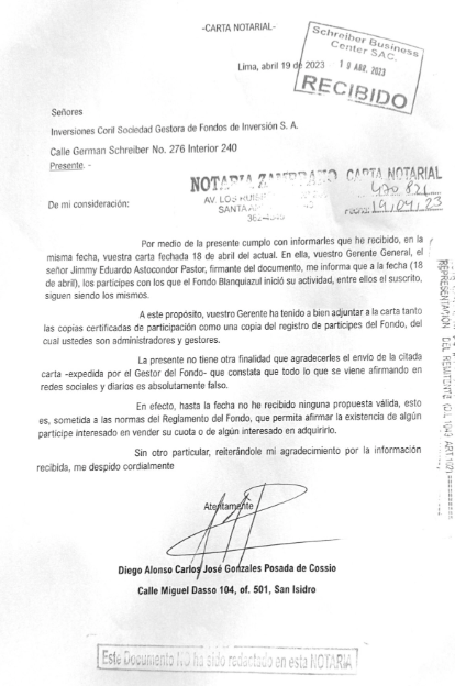 Diego Gonzales Posada issued a notarized letter in which he denies that the Blanquiazul Fund's debts have been sold to new investors.  (Franco Rojas)