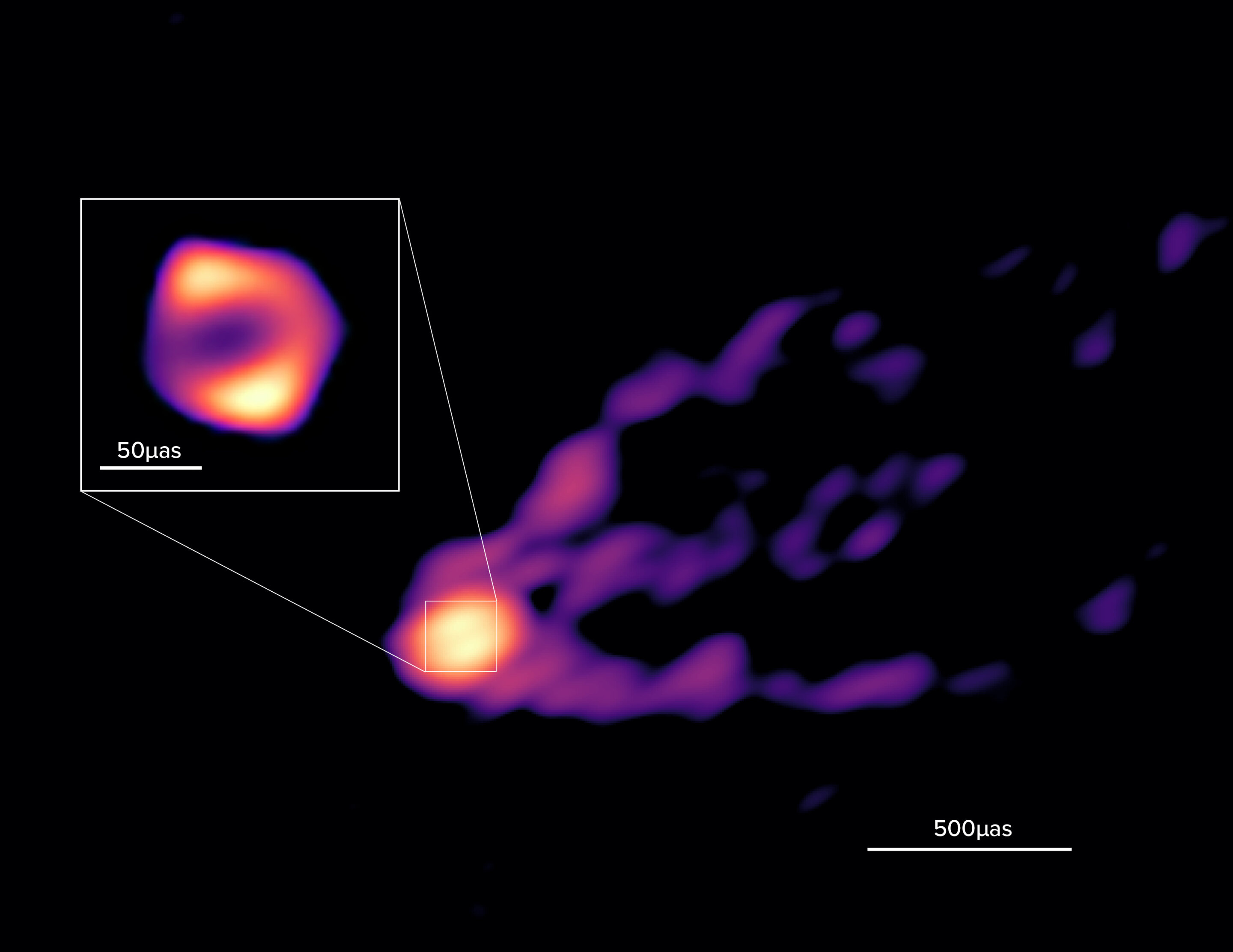 Imagen del agujero negro M87 que muestra un chorro de tres puntas (NRAO/AUI/NSF)