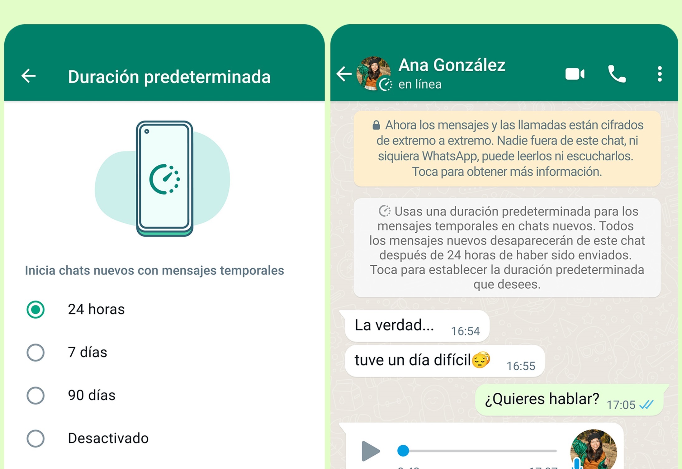 WhatsApp incluye los mensajes temporales como parte de las opciones de seguridad en sus sistemas. (WhatsApp)
