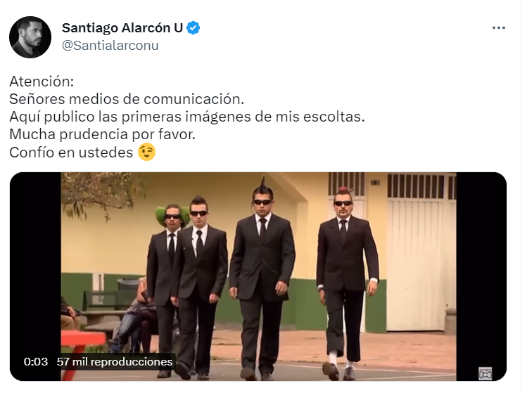 Frito (Santiago Reyes), Michael Giovanny (Rafael Zea) y "Bultoe'sal" (Javier Peraza) hacen parte de los escoltas que mostró Santiago Alarcón por sus redes sociales. / Imagen @santialarconu