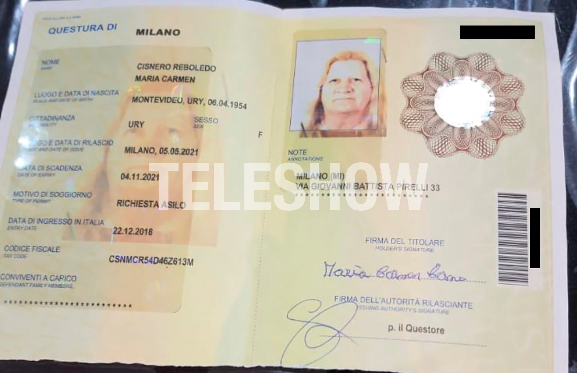 La visa de Carmen Reboledo para trabajar en Italia. Allí figura como 'asilada política' (Foto: Teleshow)