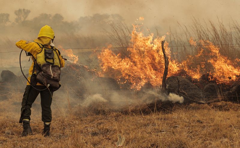 Un bombero lucha para apagar un foco de incendio en un campo de la provincia de Corrientes (REUTERS/Sebastian Toba)