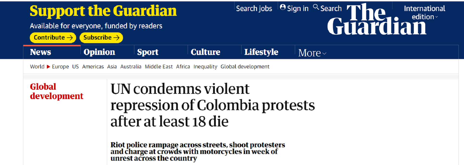 Artículo de The Guardian sobre las protestas en Colombia. Foto: The Guardian.